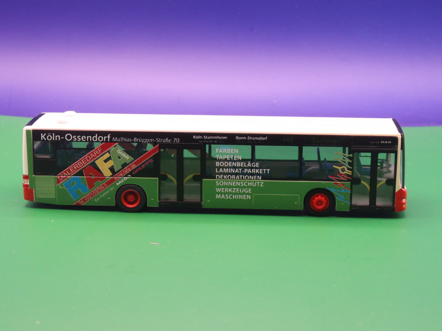 MAN Lions City - KVB Köln - RAFA Malerbedarf Linie 145 Bachem - Modellbus Rietze 67472