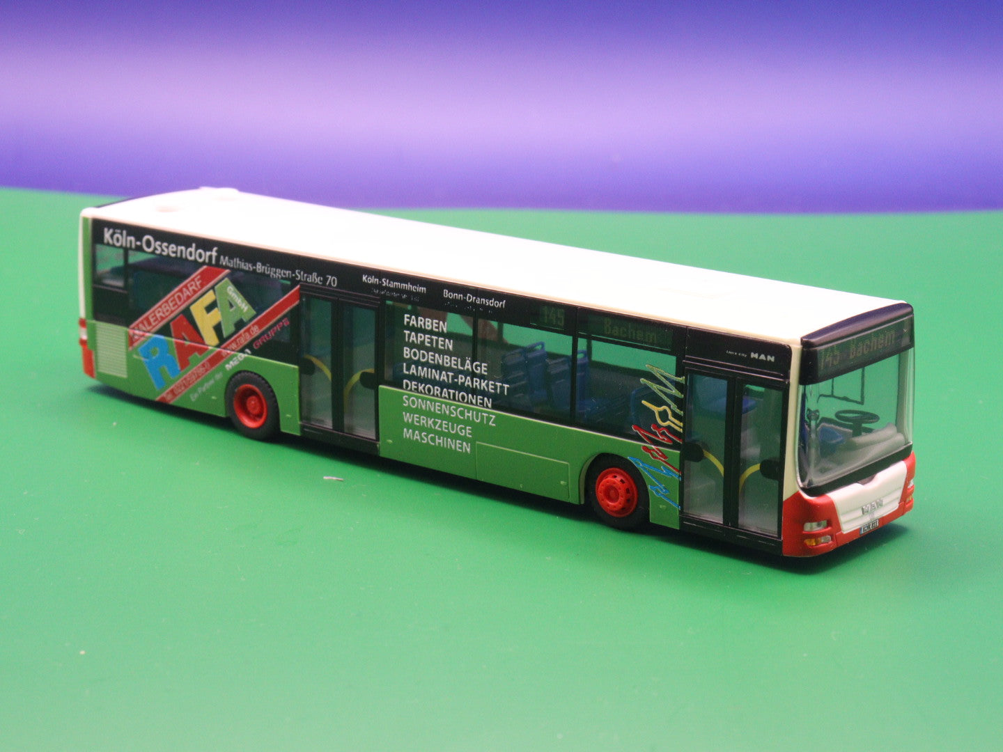 MAN Lions City - KVB Köln - RAFA Malerbedarf Linie 145 Bachem - Modellbus Rietze 67472