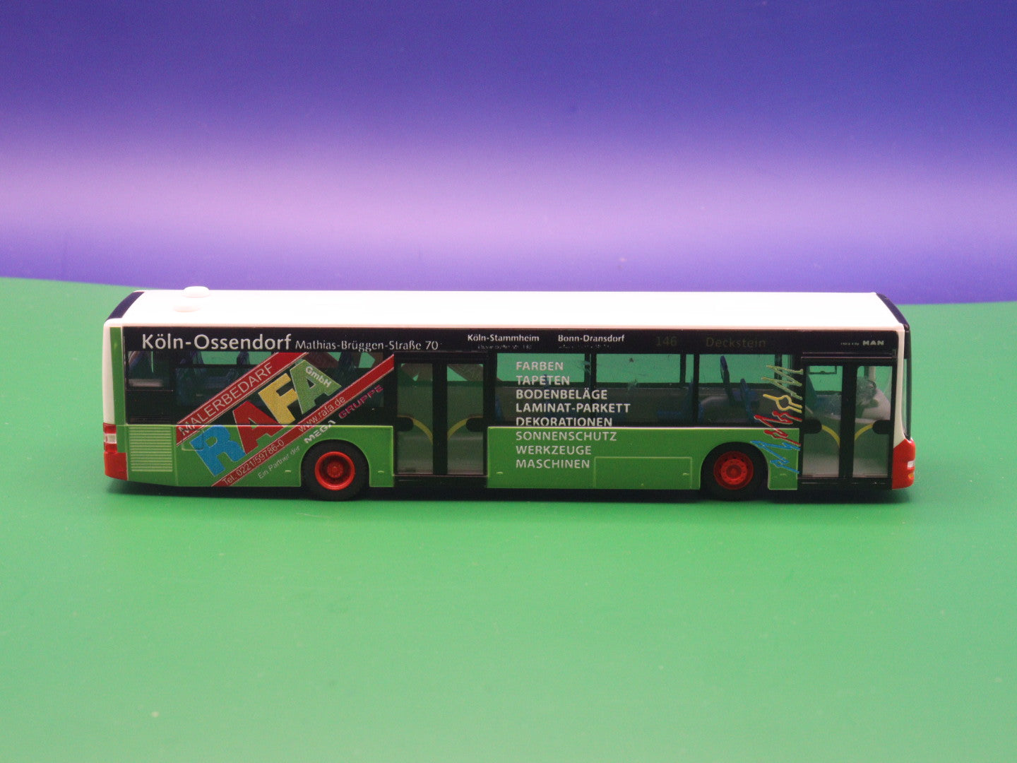 MAN Lions City - KVB Köln - RAFA Malerbedarf Linie 146 Deckstein- Modellbus Rietze 67472