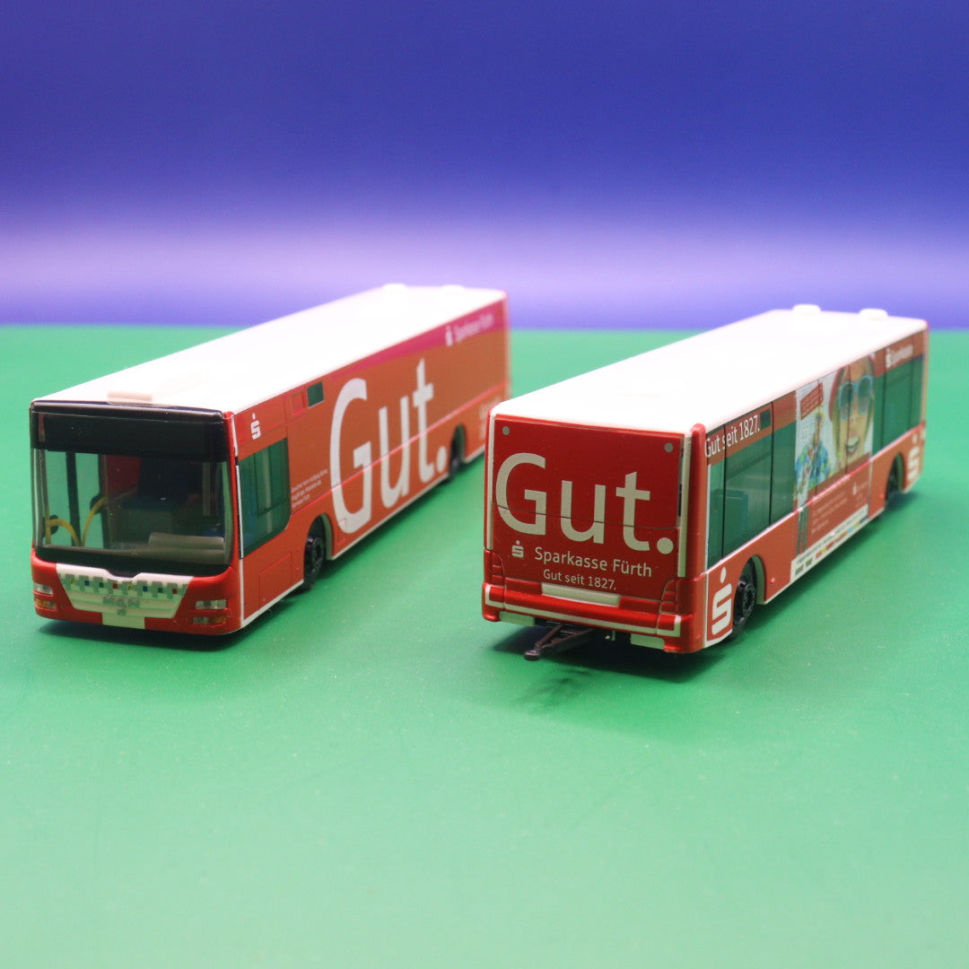 MAN Lions Göppel (mit Anhängerwagen) - Sparkasse Fürth - Modellbus Rietze 66012 (Gebraucht) (ANHÄNGER DEICHSEL FEHLT)