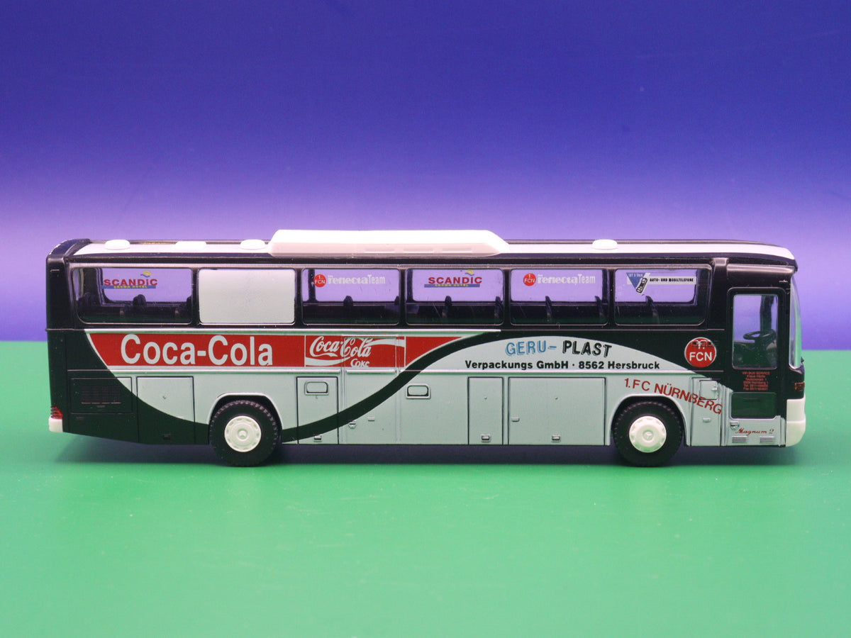 Mercedes Benz O303 15 RHD - 1 FC Nürnberg Coca Cola - Gebraucht, Ohne OVP - Modellbus Rietze Reisebus