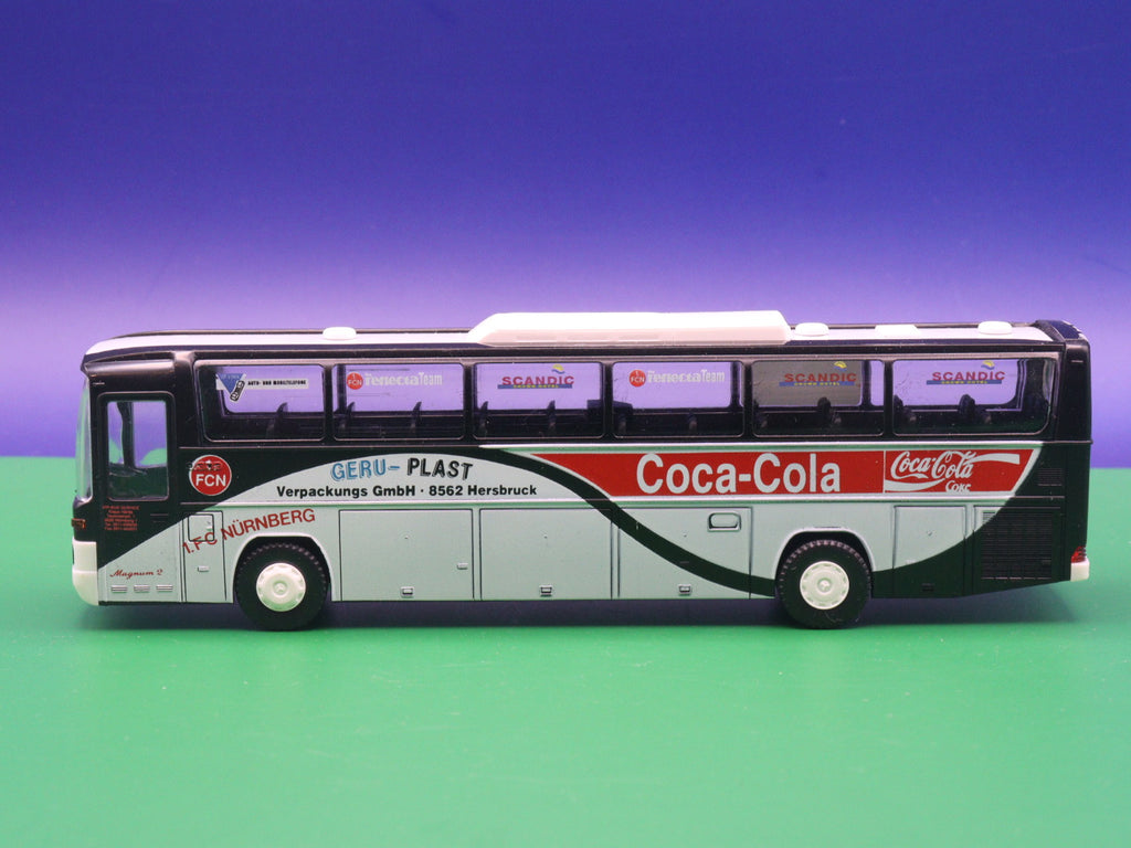 Mercedes Benz O303 15 RHD - 1 FC Nürnberg Coca Cola - Gebraucht, Ohne OVP - Modellbus Rietze Reisebus