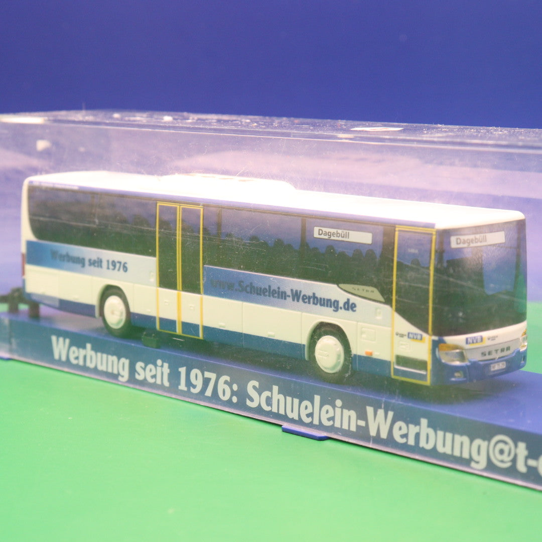 Setra S415 UL - NVB Niebüller Verkehrsbetriebe - Schuelein Werbung - Mit Vitrine gebraucht - Modellbus AWM