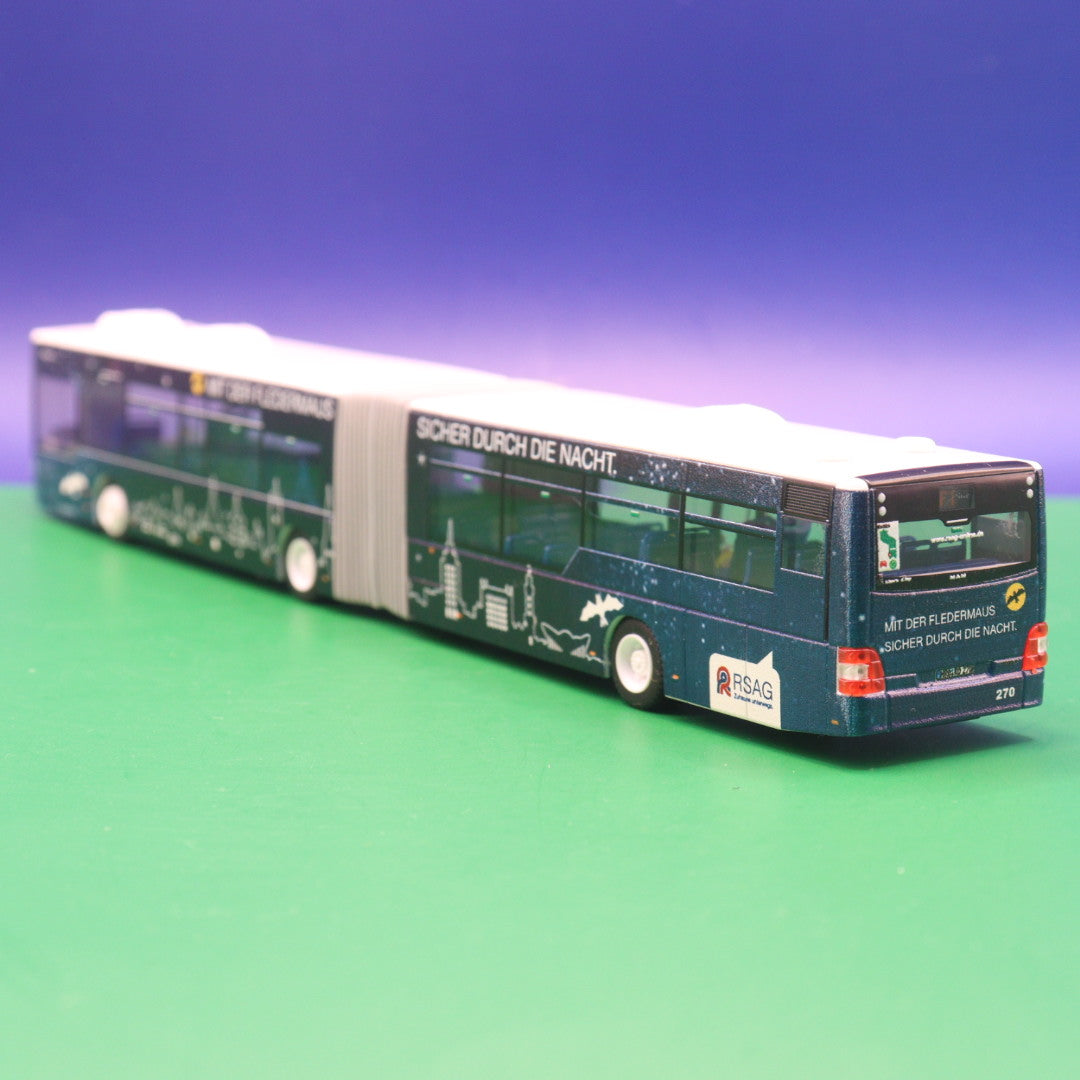 MAN Lions City G A23 NG323 - RSAG Rostock - Mit der Fledermaus sicher durch die Nacht - Linie F1 Riekdahl - Modellbus Rietze Gebrauchtmodell - 170 von 300 Stück