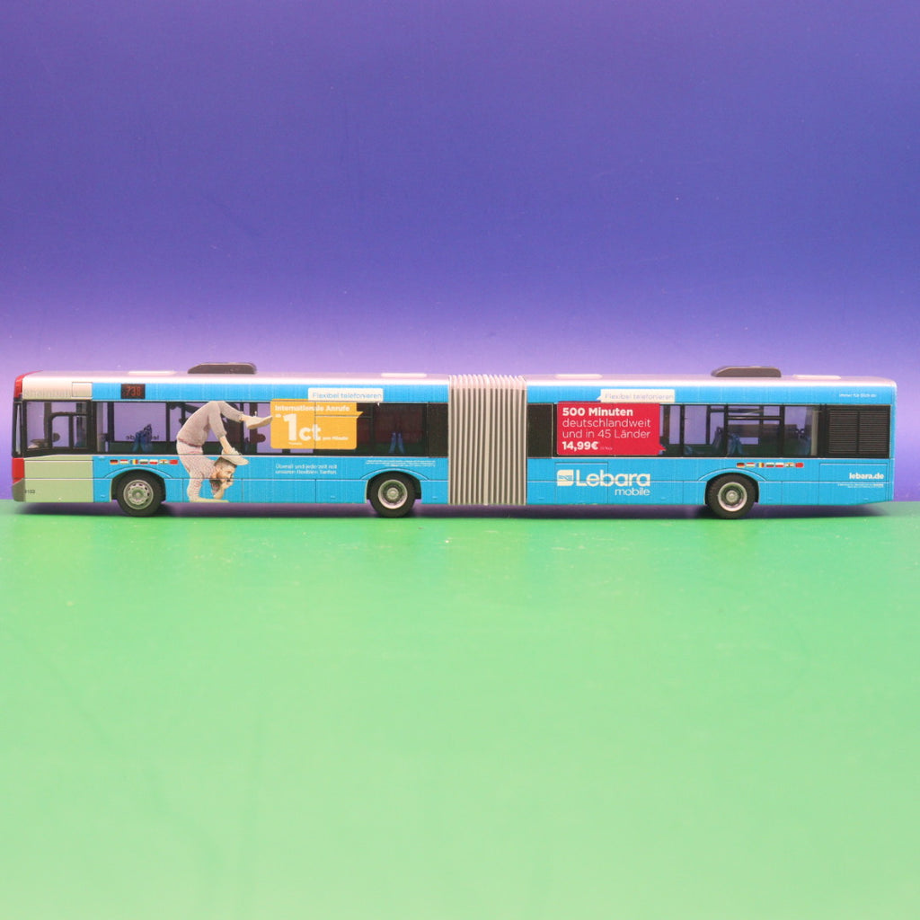 Solaris Urbino 18 - Rheinbahn Düsseldorf - Lebara mobile - Linie 738 Düsseldorf Hbf - Modellbus Rietze 66857 - Erscheinungsjahr: 08/2015