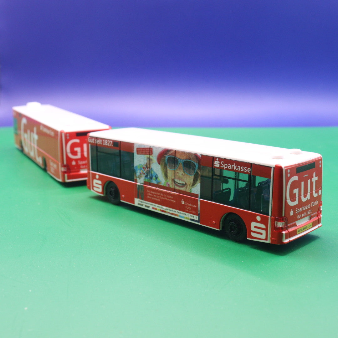 MAN Lions Göppel (mit Anhängerwagen) - Sparkasse Fürth - Modellbus Rietze 66012 (Gebraucht) (ANHÄNGER DEICHSEL FEHLT)