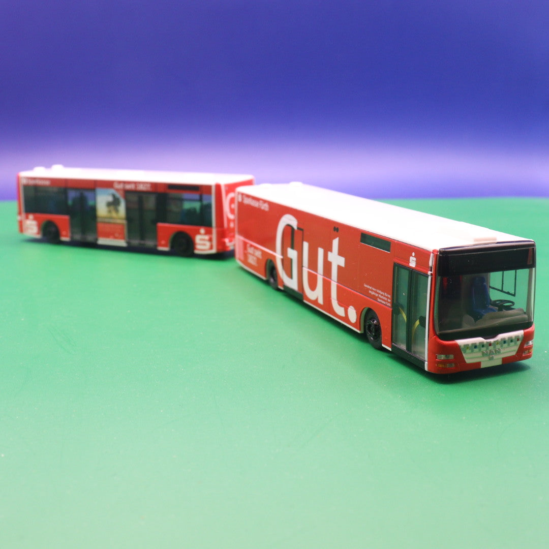 MAN Lions Göppel (mit Anhängerwagen) - Sparkasse Fürth - Modellbus Rietze 66012 (Gebraucht) (ANHÄNGER DEICHSEL FEHLT)