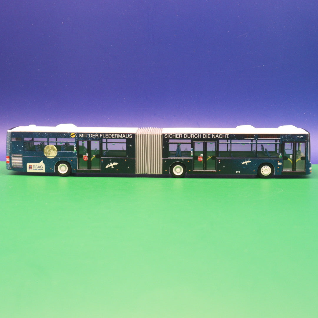 MAN Lions City G A23 NG323 - RSAG Rostock - Mit der Fledermaus sicher durch die Nacht - Linie F1 Riekdahl - Modellbus Rietze Gebrauchtmodell - 170 von 300 Stück