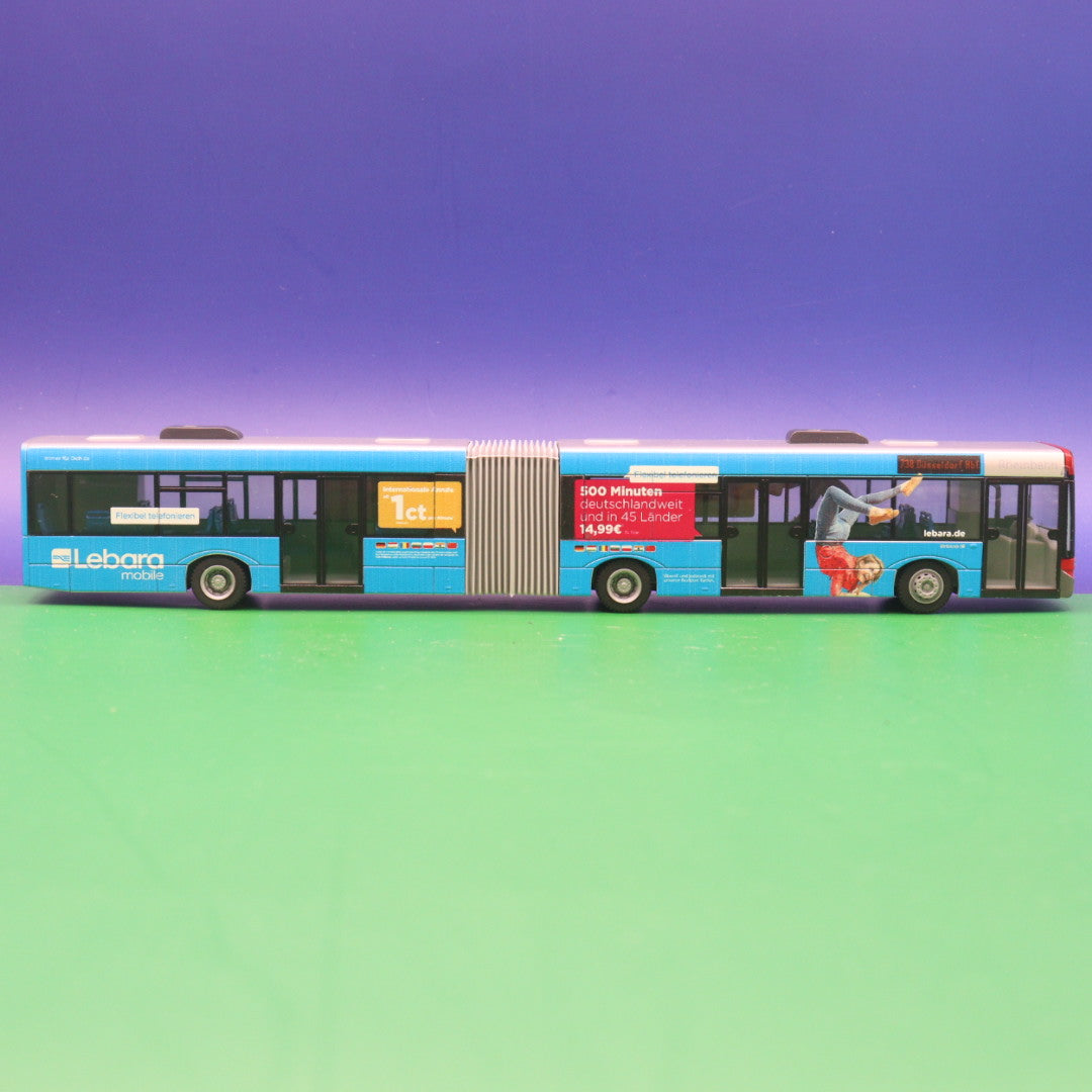 Solaris Urbino 18 - Rheinbahn Düsseldorf - Lebara mobile - Linie 738 Düsseldorf Hbf - Modellbus Rietze 66857 - Erscheinungsjahr: 08/2015