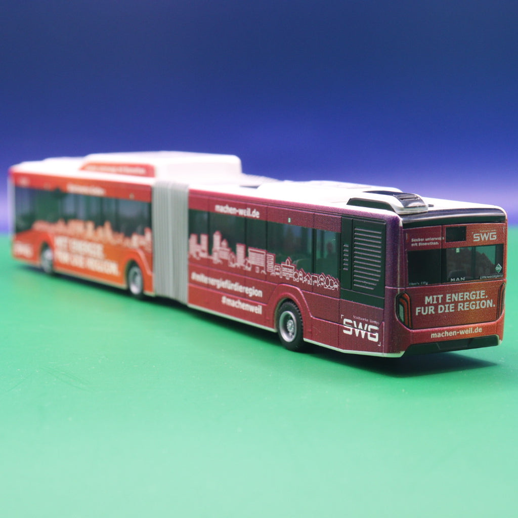 MAN New Lions City 18 - SWG - Mit Bus Gießen - Sauber unterwegs mit Biomethan - Modellbus Rietze 75831